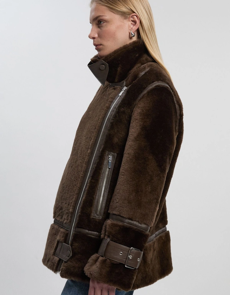 Shearling & Leather Tipped  High Neck Coat
