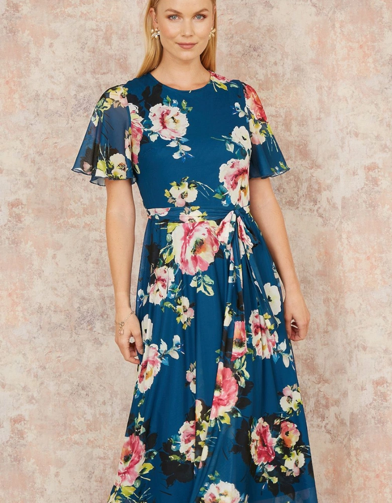 Green Mesh Floral Midi Dress With Angel Sleeves
