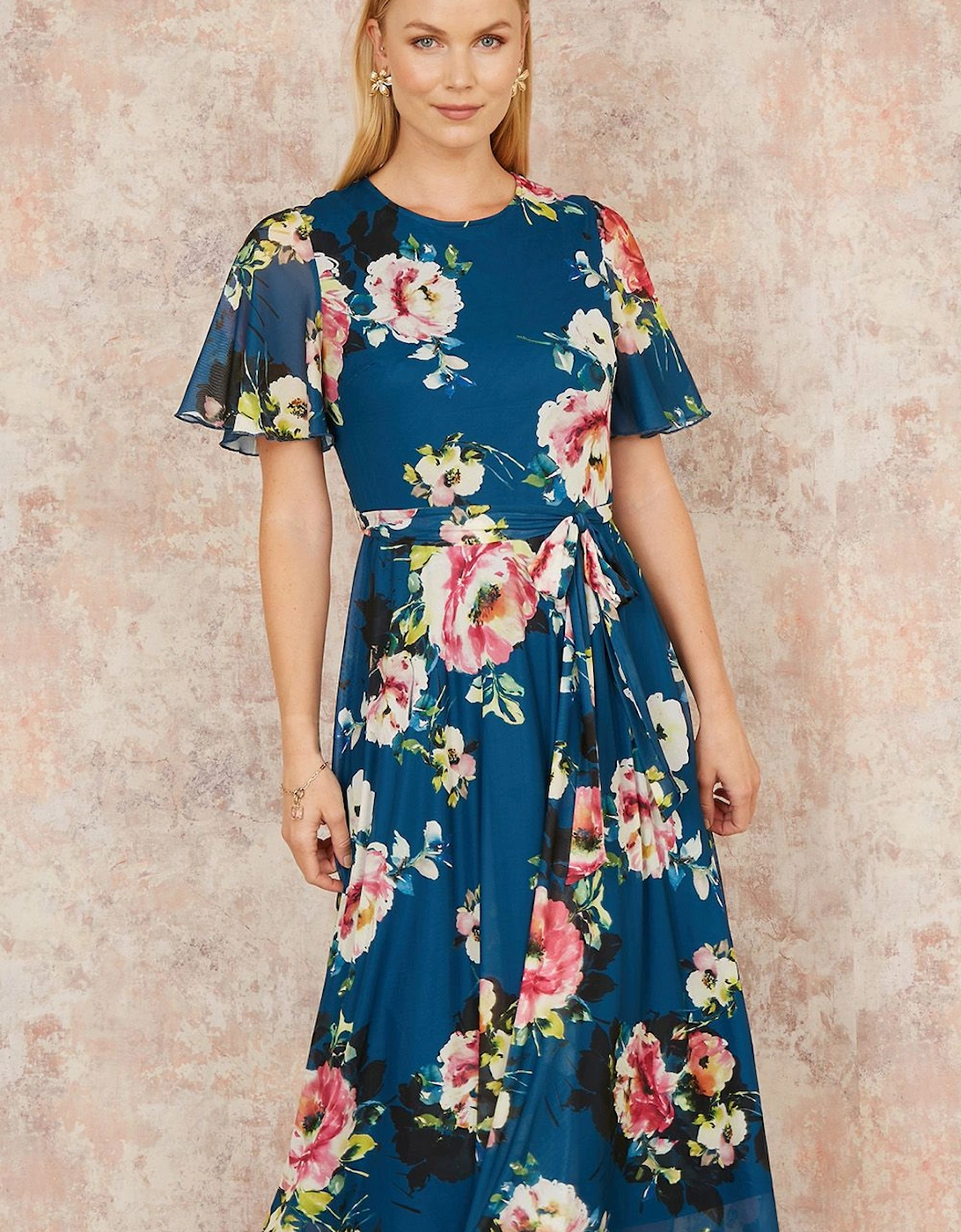 Green Mesh Floral Midi Dress With Angel Sleeves, 2 of 1