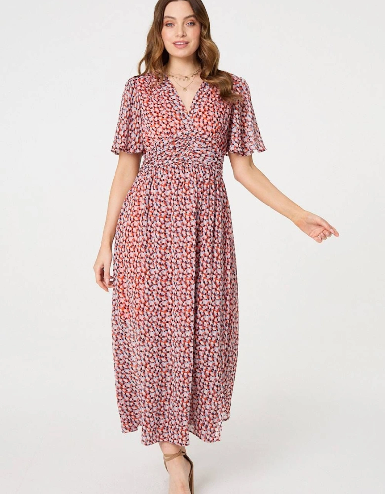 Printed 1/2 Sleeve Ruched Midi Dress