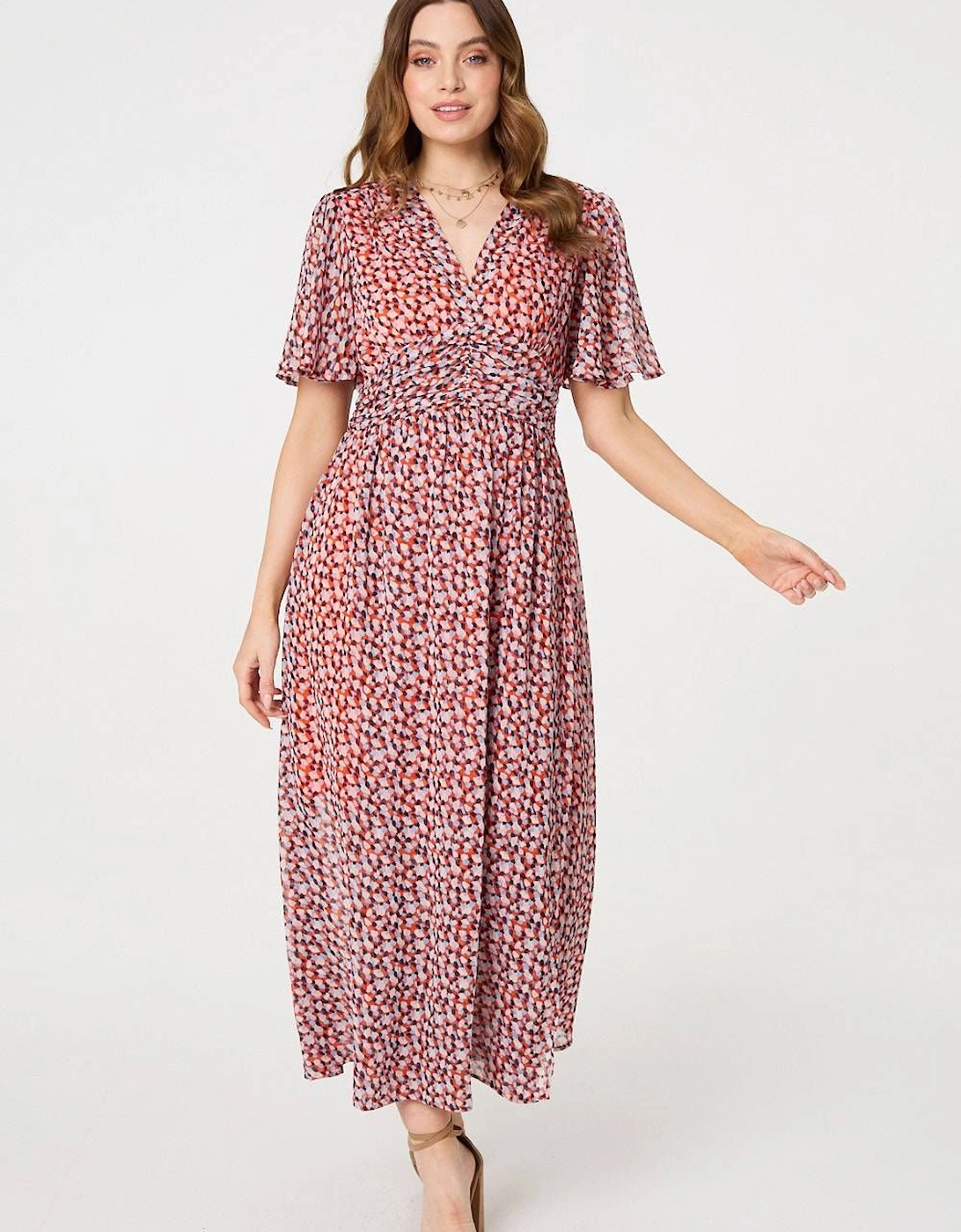 Printed 1/2 Sleeve Ruched Midi Dress, 2 of 1