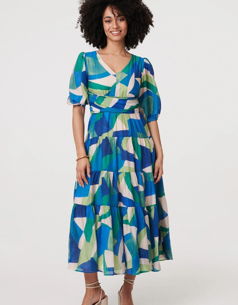 Abstract Ruched 3/4 Sleeve Midi Dress