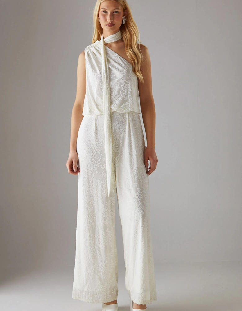 Hen Devore One Shoulder Scarf Neck Jumpsuit