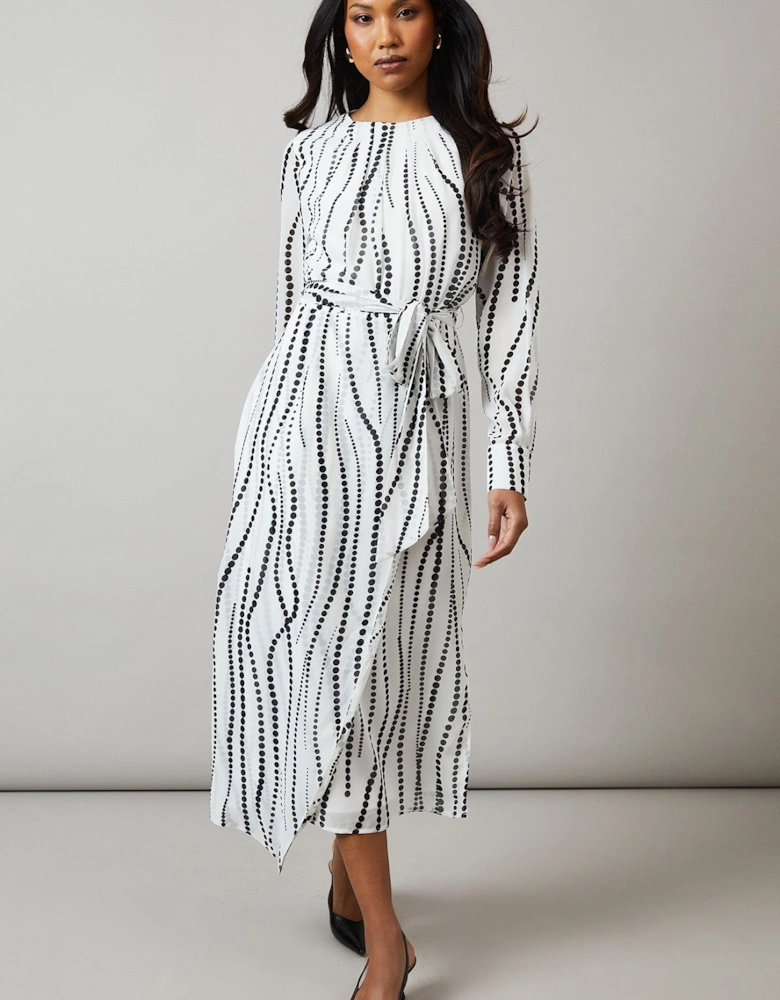 Mono Spot Pleat Neck Drape Midi Dress