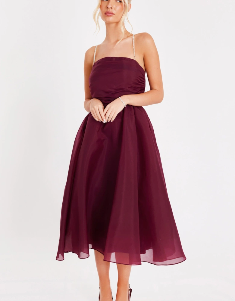 Wine Organza Midi Skater Dress