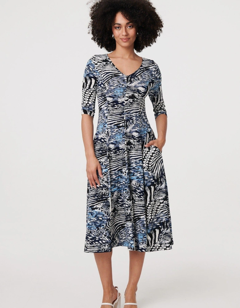 Abstract V-Neck 3/4 Sleeve Midi Dress