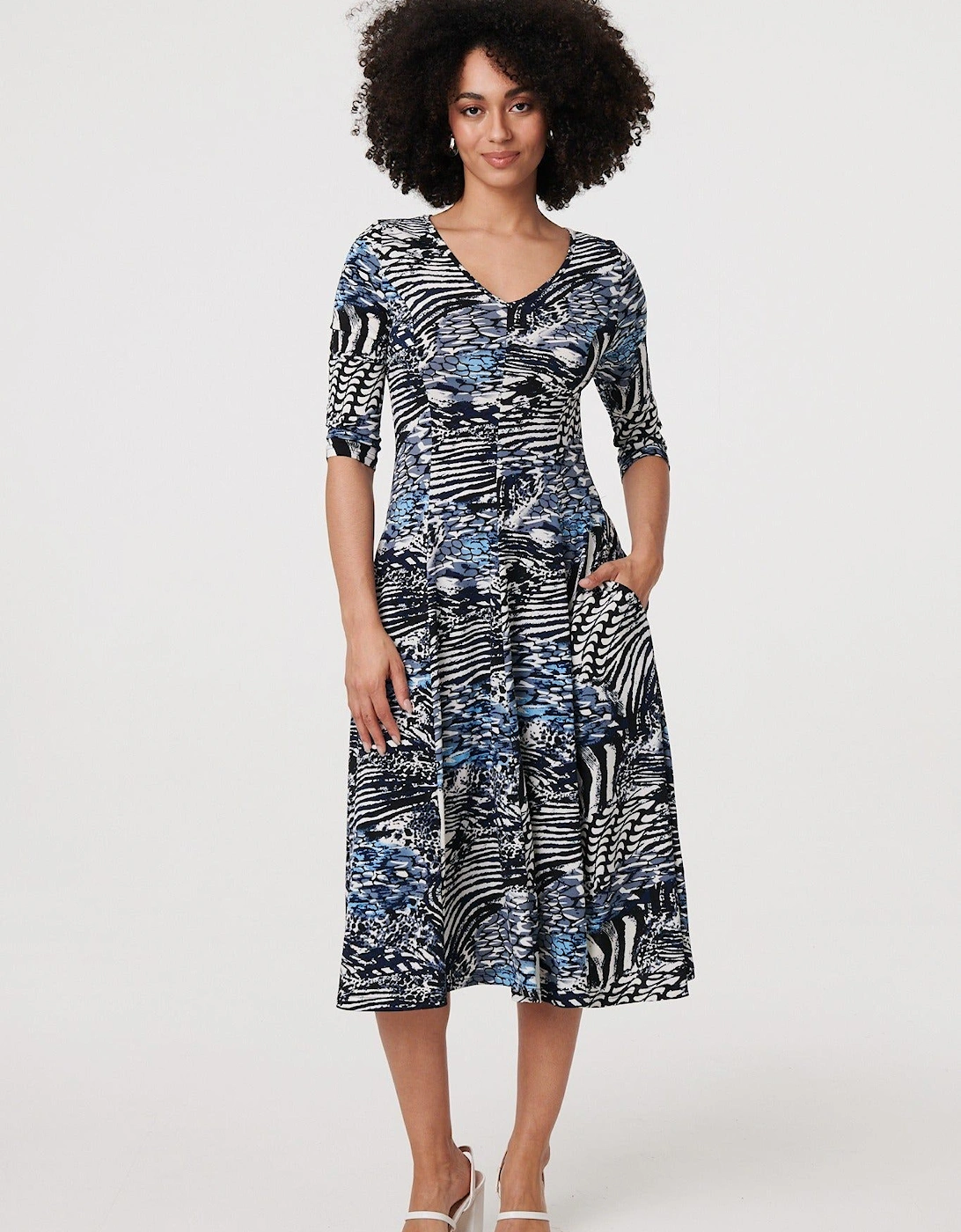Abstract V-Neck 3/4 Sleeve Midi Dress, 2 of 1