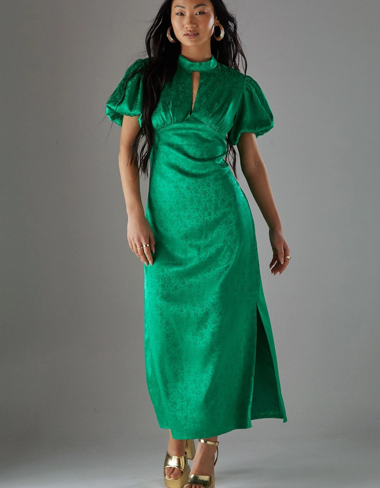 Petite Rose Satin Jacquard Puff Sleeve Tie Back Midi Dress