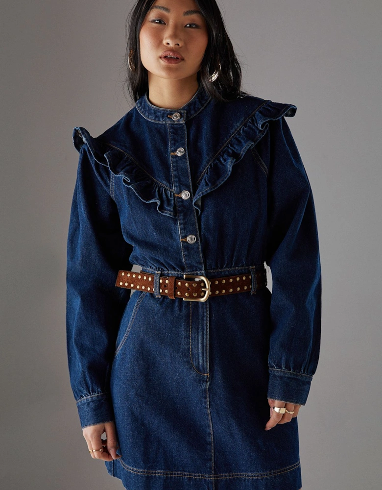 Petite Denim Frill Yoke Relaxed Mini Shirt Dress