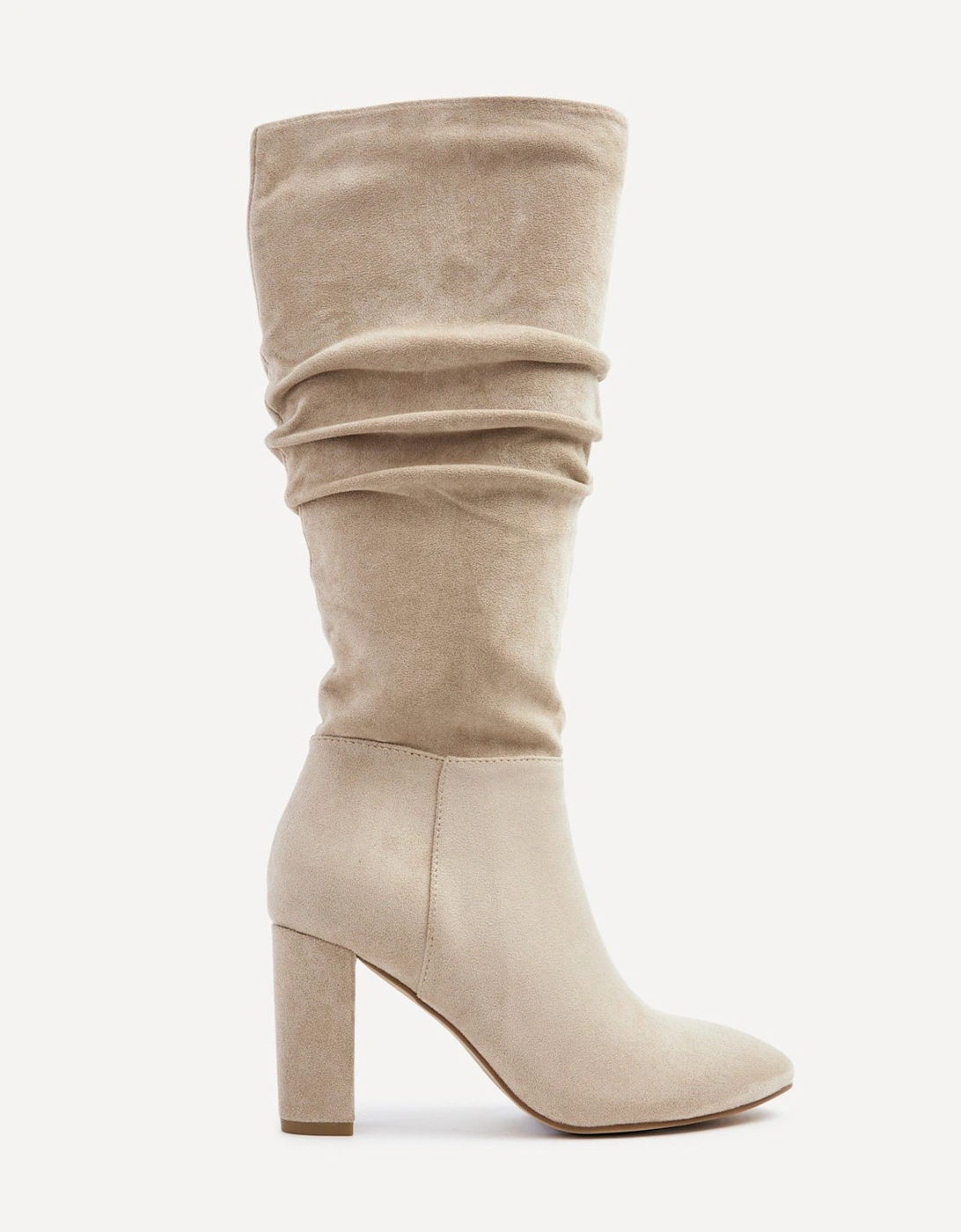 Aura Beige Faux Suede Ruched Knee High Heeled Boot, 2 of 1
