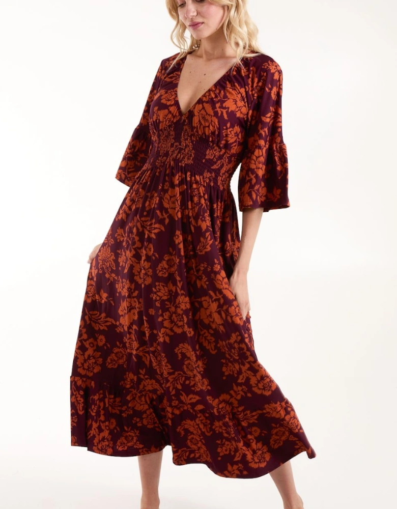 Elasticated Neck Shirred Waist Midi Dress