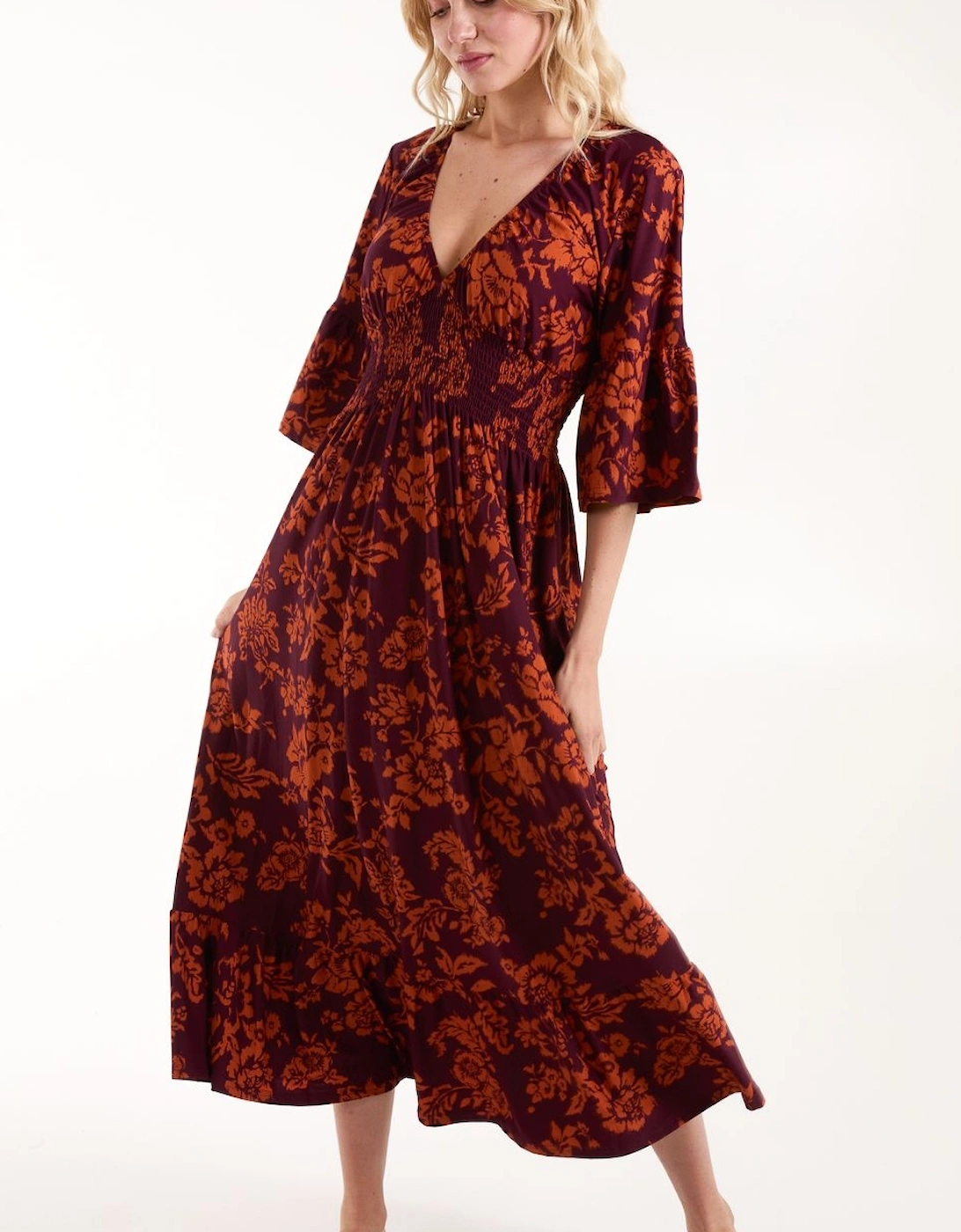 Elasticated Neck Shirred Waist Midi Dress, 2 of 1
