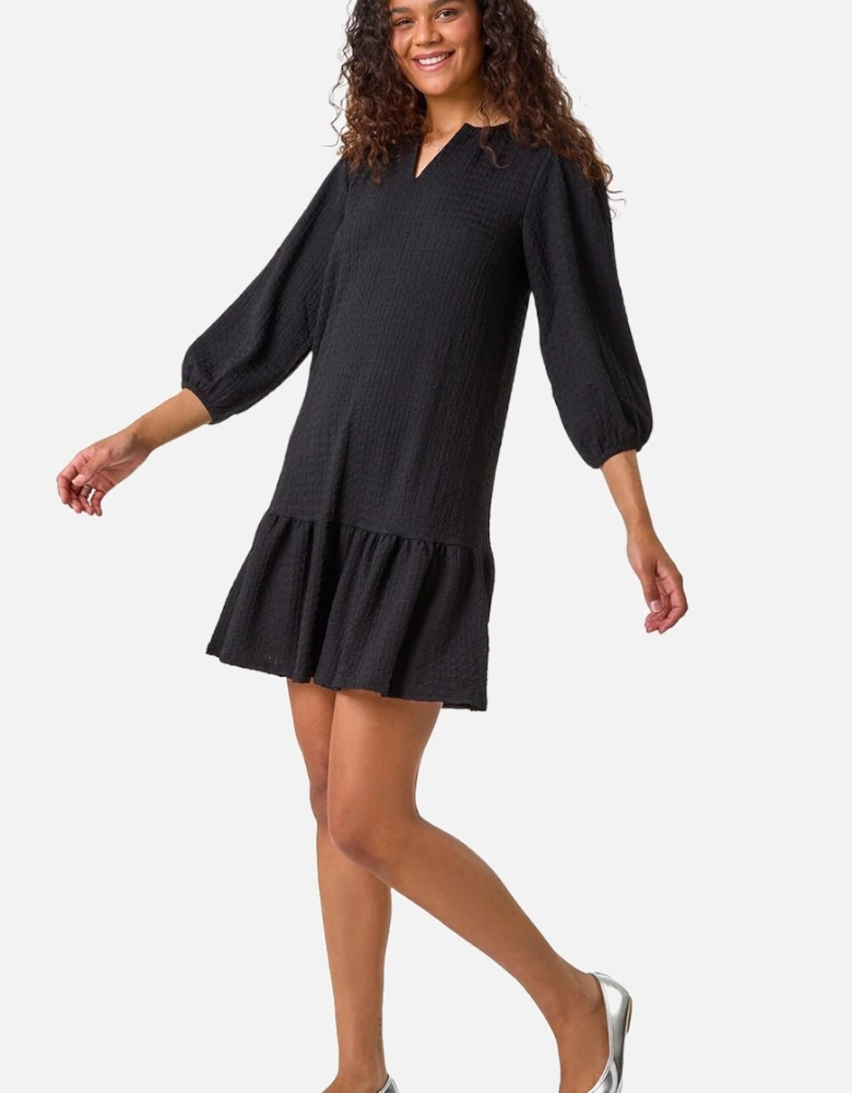 Textured V-Neck Frill Hem Smock Dress