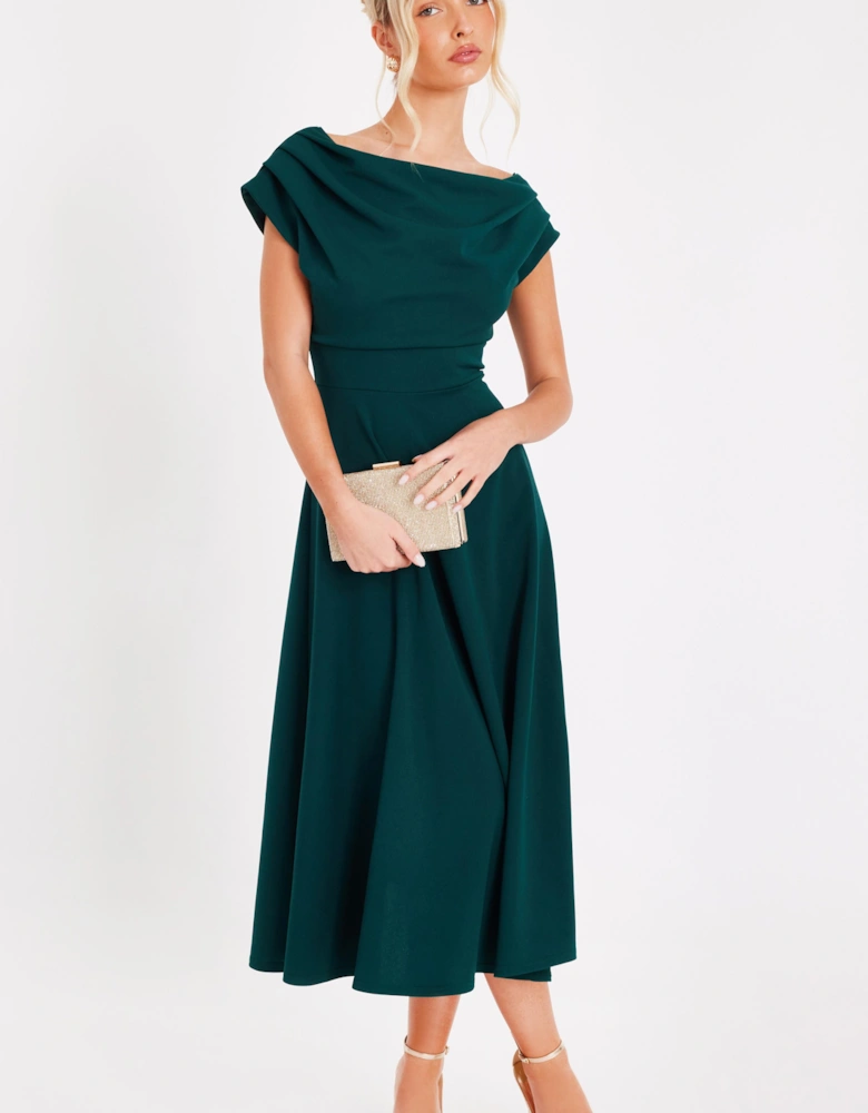 Green Drape Neck Midi Dress