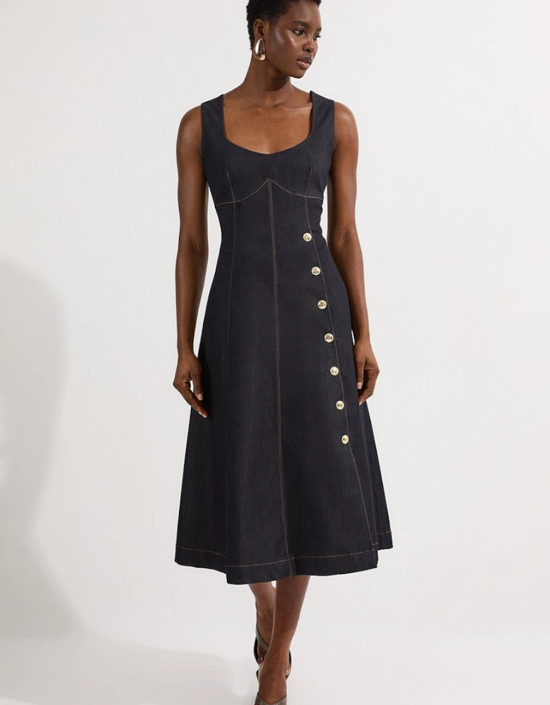 Tailored Denim Sleeveless Full Skirted Midi Dress