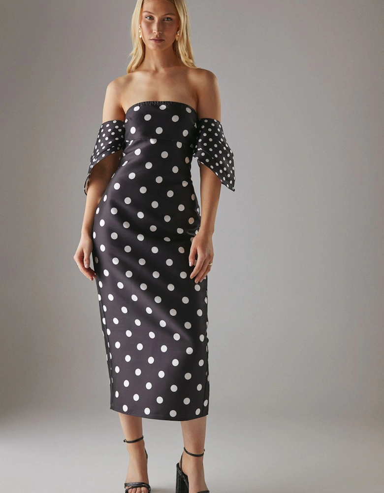 Spot Structured Puff Sleeve Bardot Midi Dress