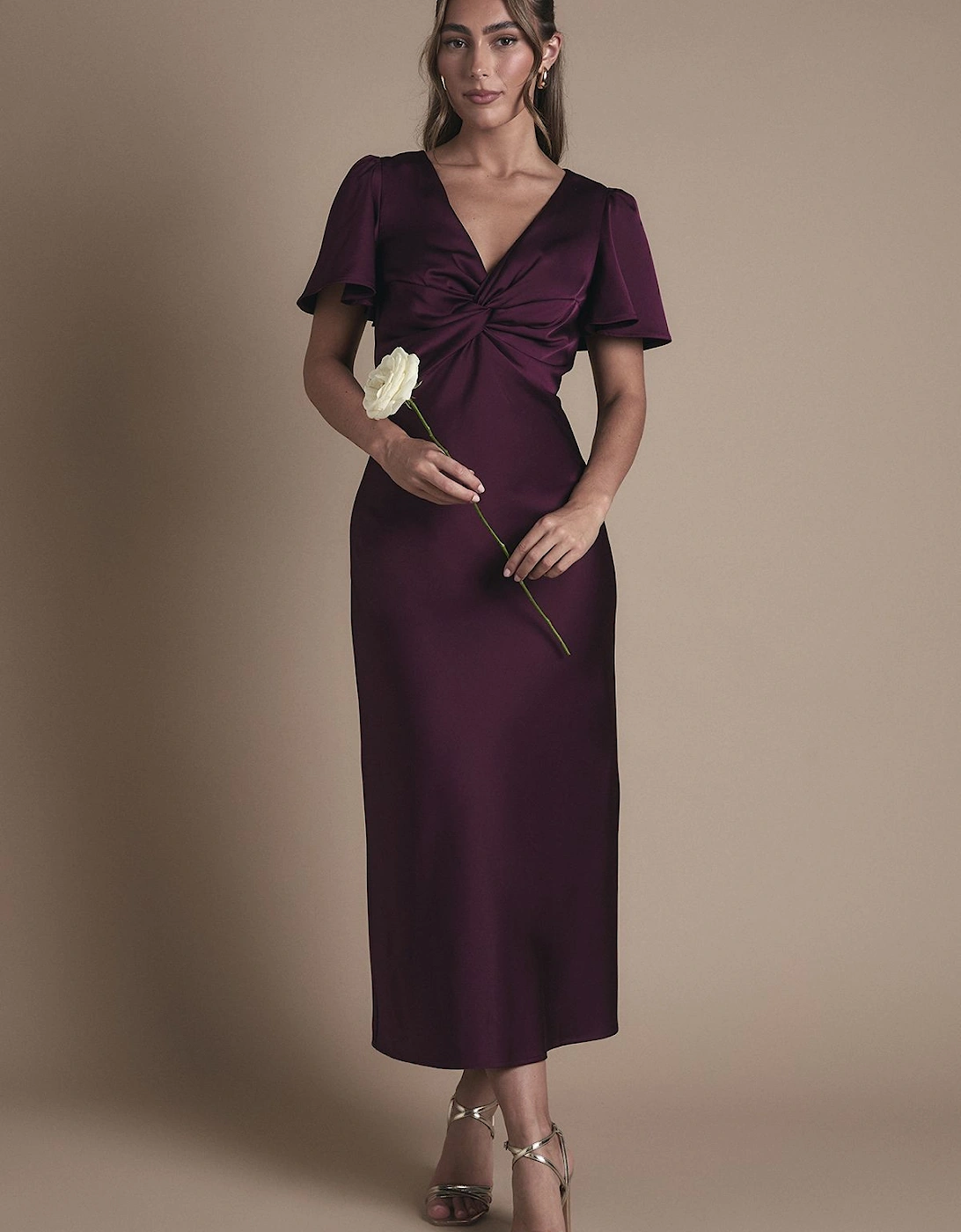 Satin Twist Front Angel Sleeve Midi Bridesmaid Dress, 2 of 1