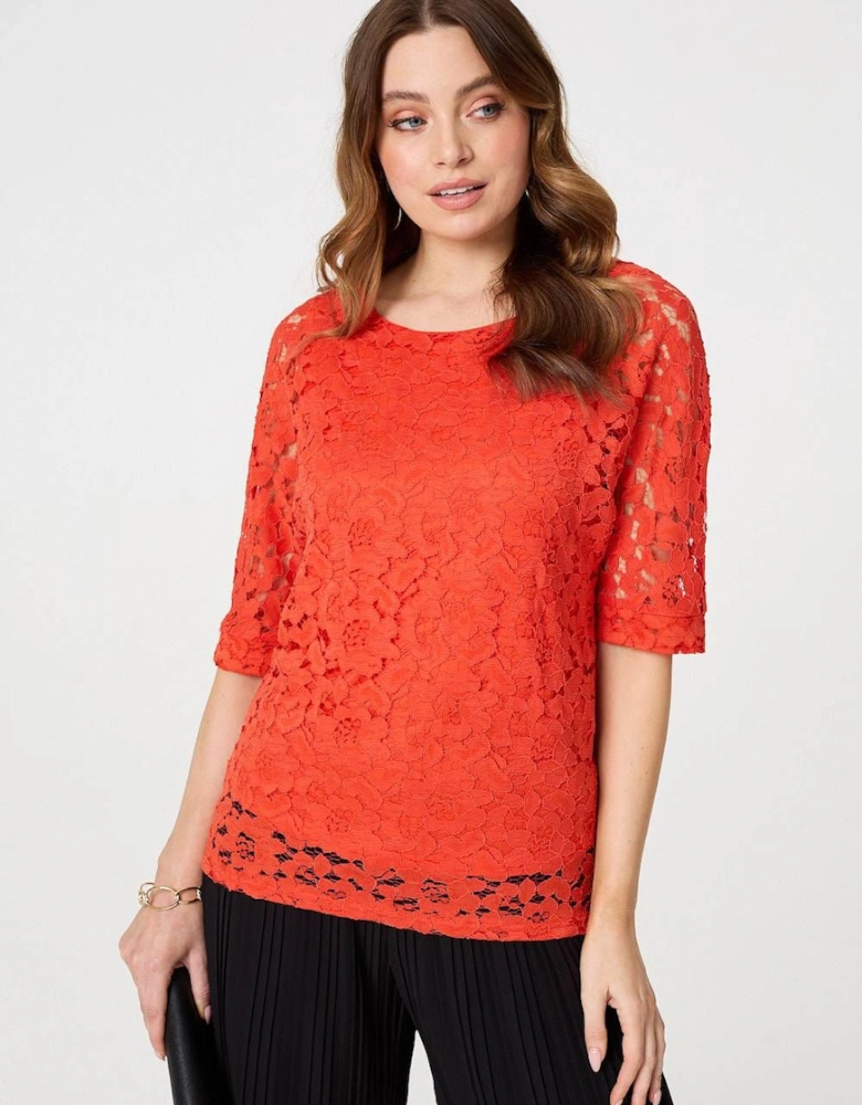 Floral Lace 3/4 Sleeve Relaxed Blouse