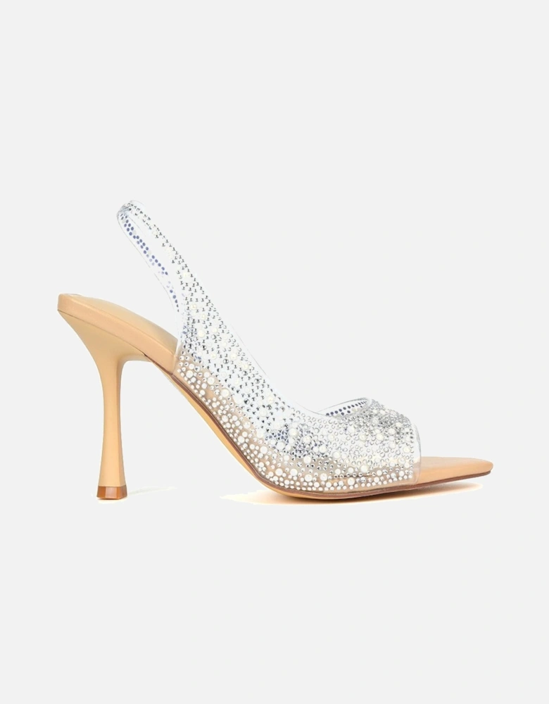 'Amelia' Perspex Diamante Embellished Slingback Peep Toe Stiletto High Heels
