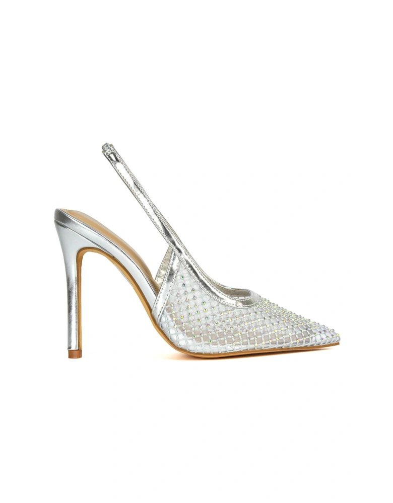 'Louise' Diamante Mesh Slingback Point Toe Stiletto Heel Court Shoes