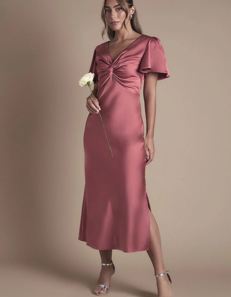 Satin Twist Front Angel Sleeve Midi Bridesmaid Dress