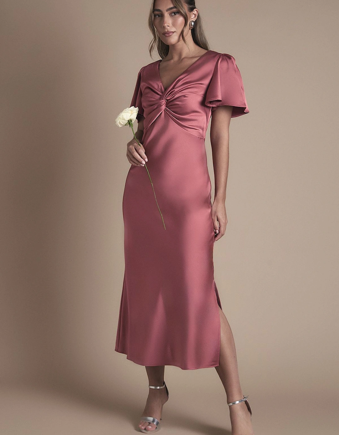 Satin Twist Front Angel Sleeve Midi Bridesmaid Dress, 2 of 1