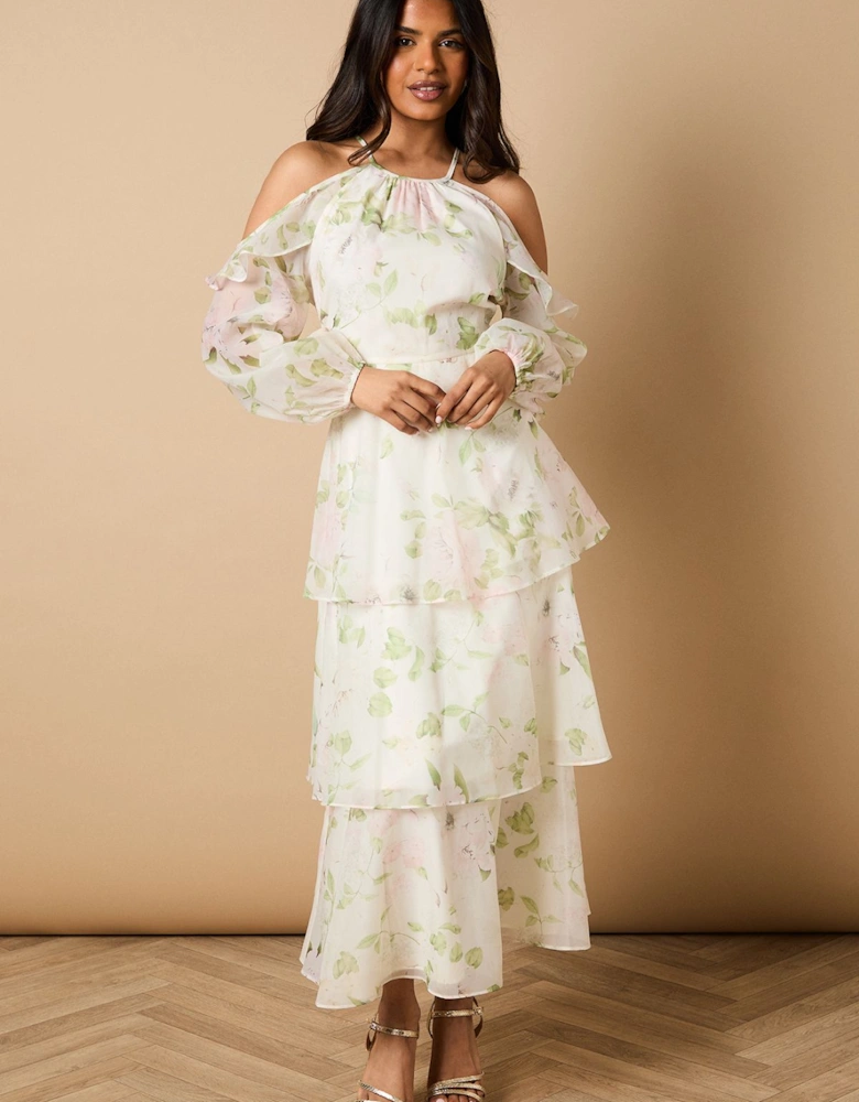 Petite Rose Floral Organza Cold Shoulder Midi Dress