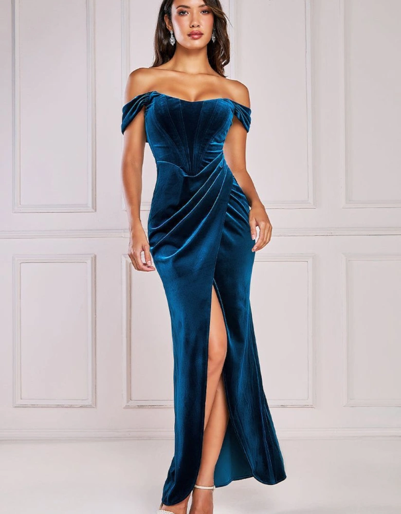 Draped Shoulder Velvet Corset Maxi Dress