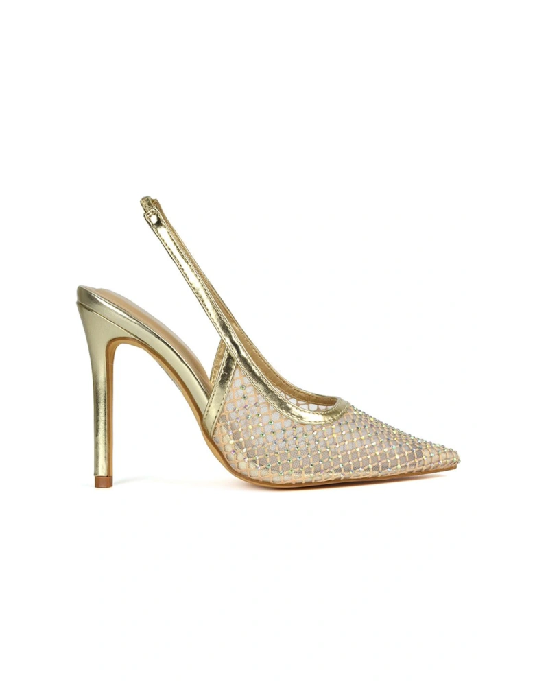 'Louise' Diamante Mesh Slingback Point Toe Stiletto Heel Court Shoes