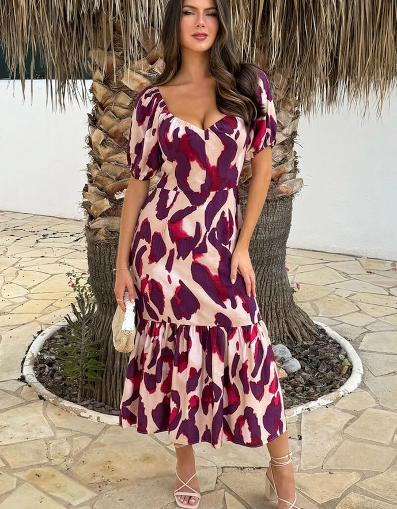 Purple And Cream Animal Print Puff Sleeve Smock Midi Dress