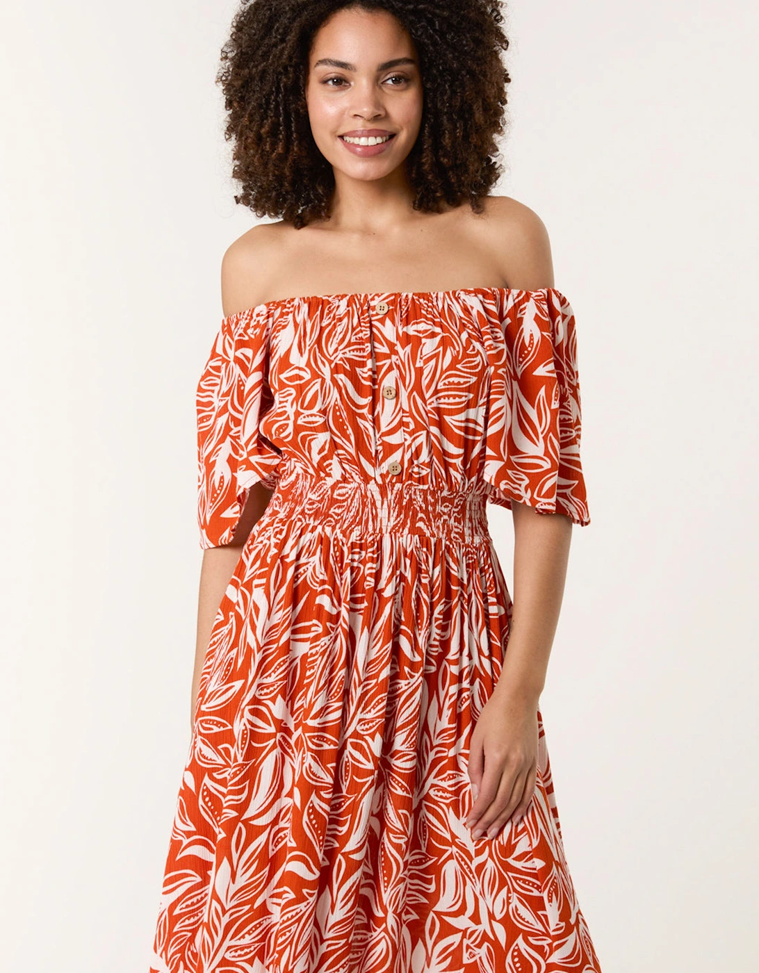 Orange Coconut Button Shirred Waist Bardot Dress, 2 of 1