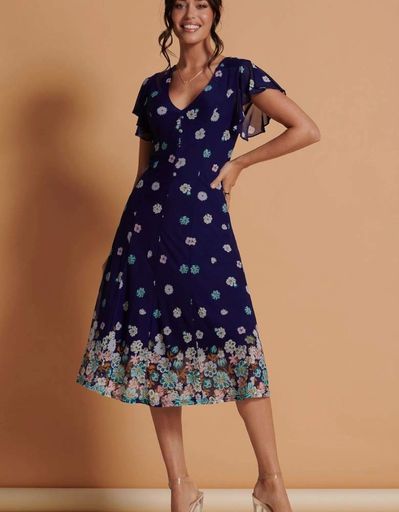 Mirrored Print Mesh Fit & Flare Midi Dress