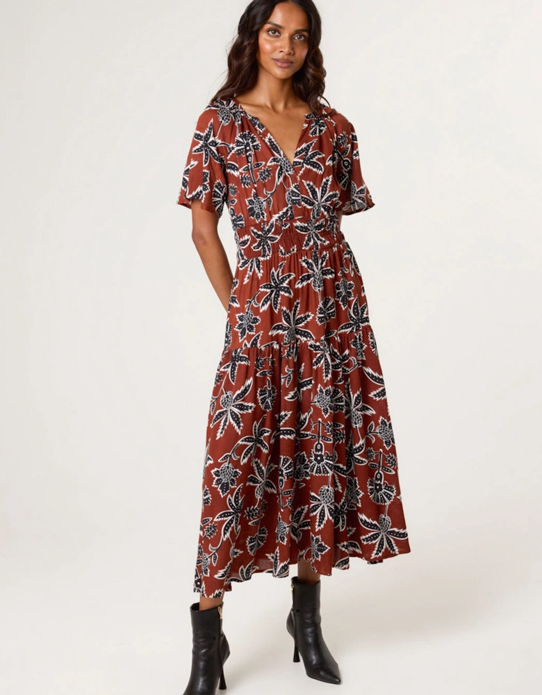 Brown Notch Neck Elastic Tropical Print Dress