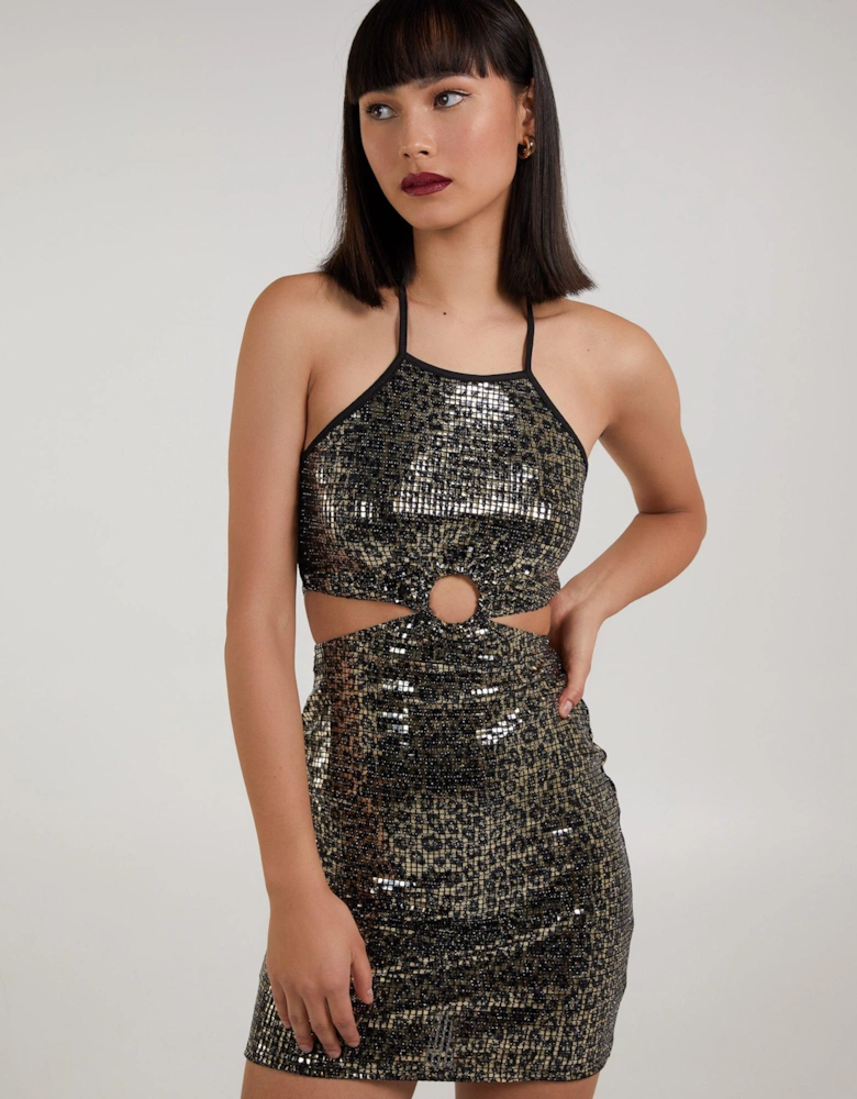 Animal Print Sequin Cut Out Dress