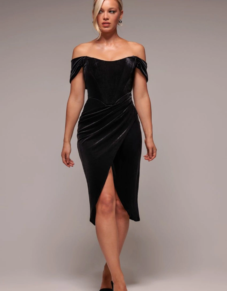 Draped Shoulder Velvet Corset Midi