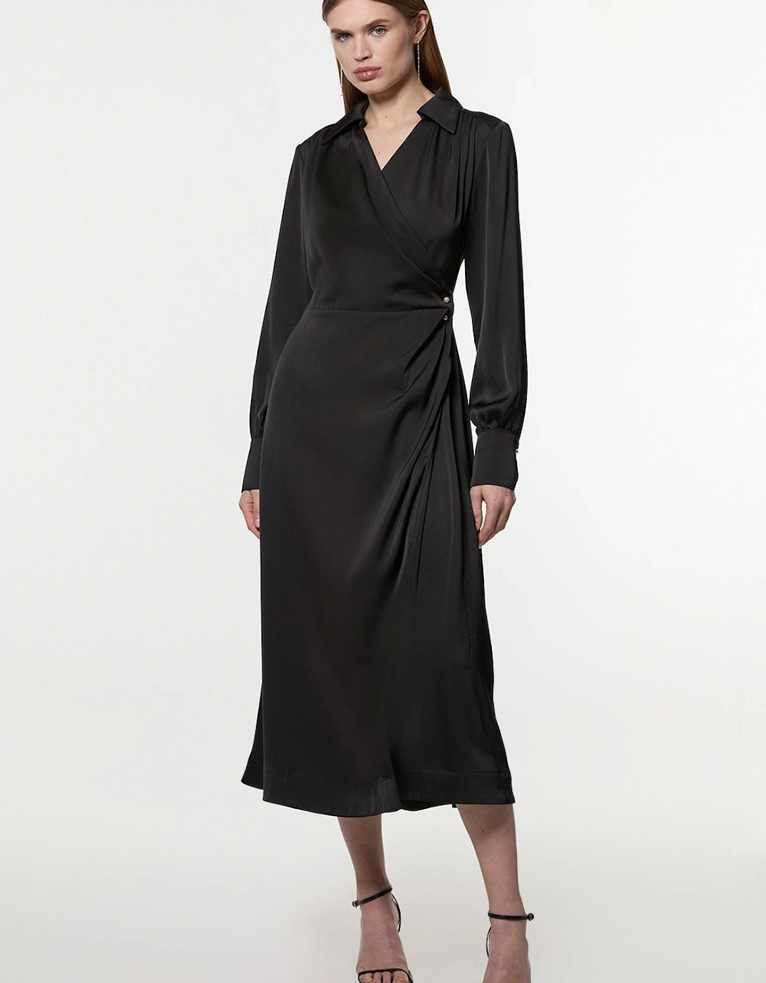 Satin Back Crepe Pearl Clasp Wrap Midi Dress, 2 of 1