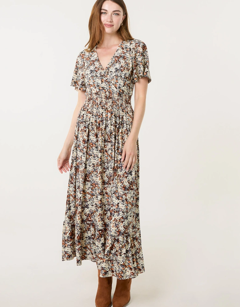 Multi Ditsy Floral Wrap Front Shirred Waist Maxi Dress