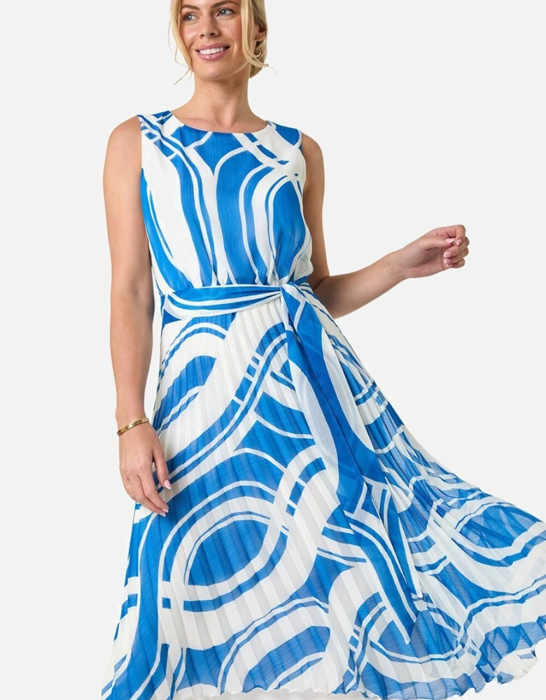 Petite Print Tie Waist Pleated Dress