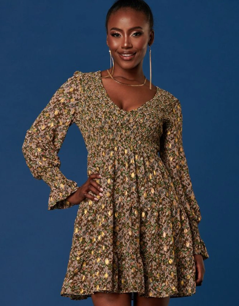 V Neck Shirred Detail Chiffon Dress