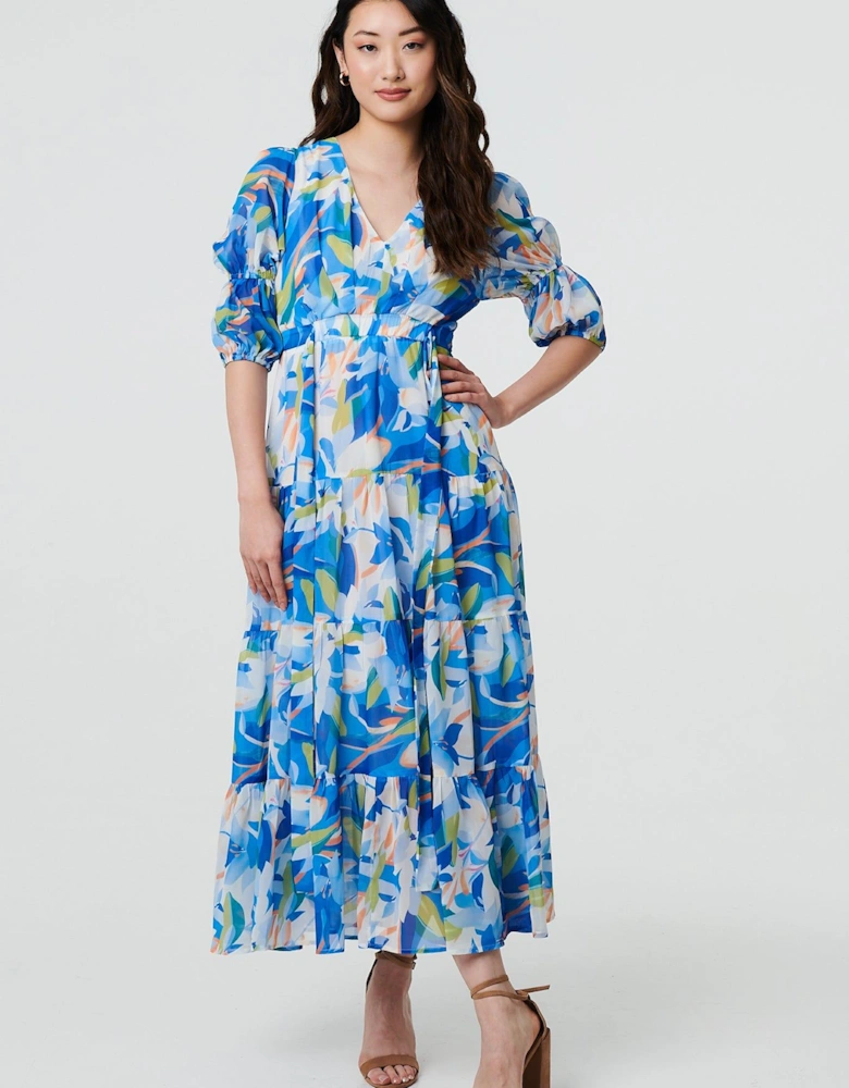 Abstract 3/4 Puff Sleeve Tiered Maxi Dress