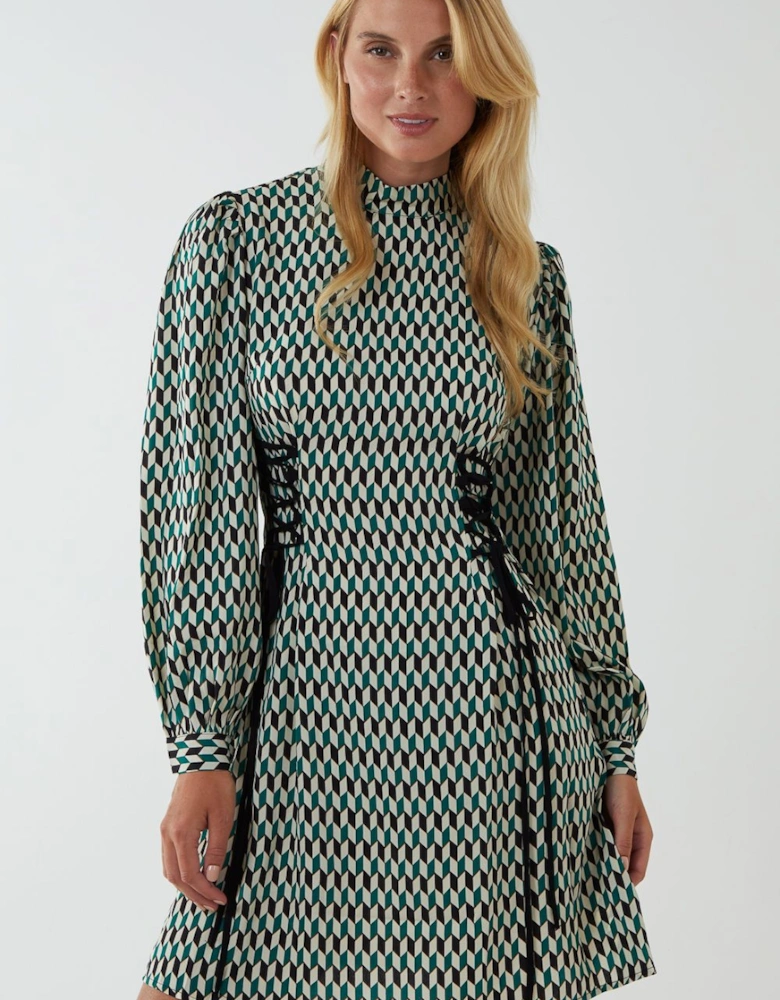 Geo Print Lace Side Waist High Neck Dress