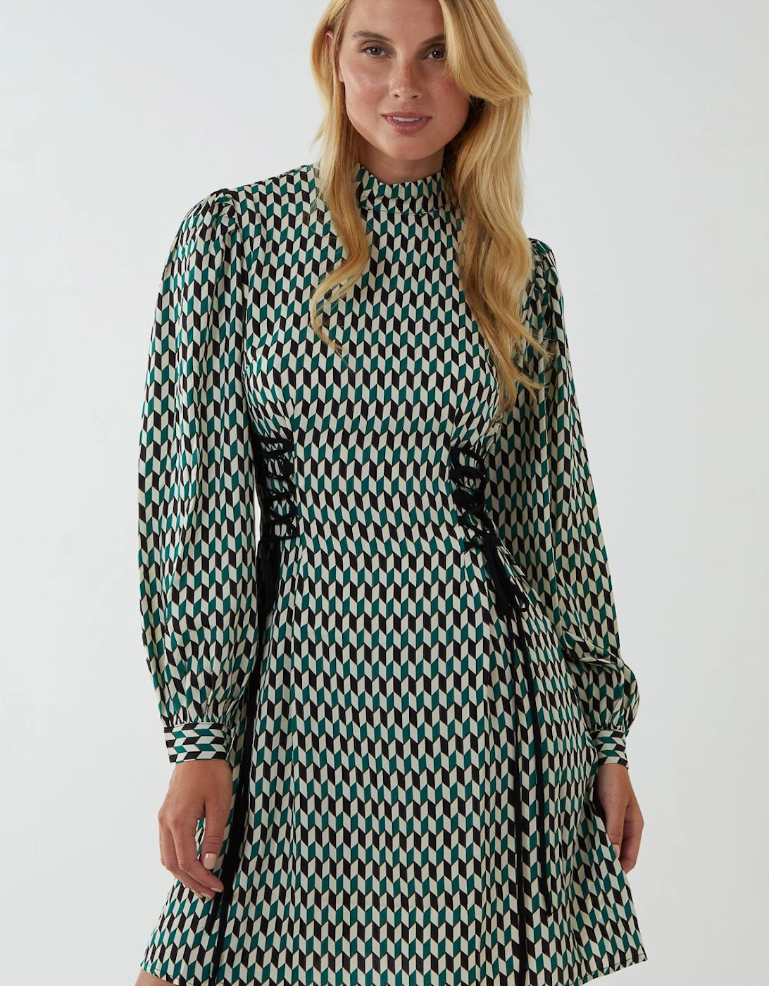 Geo Print Lace Side Waist High Neck Dress, 2 of 1