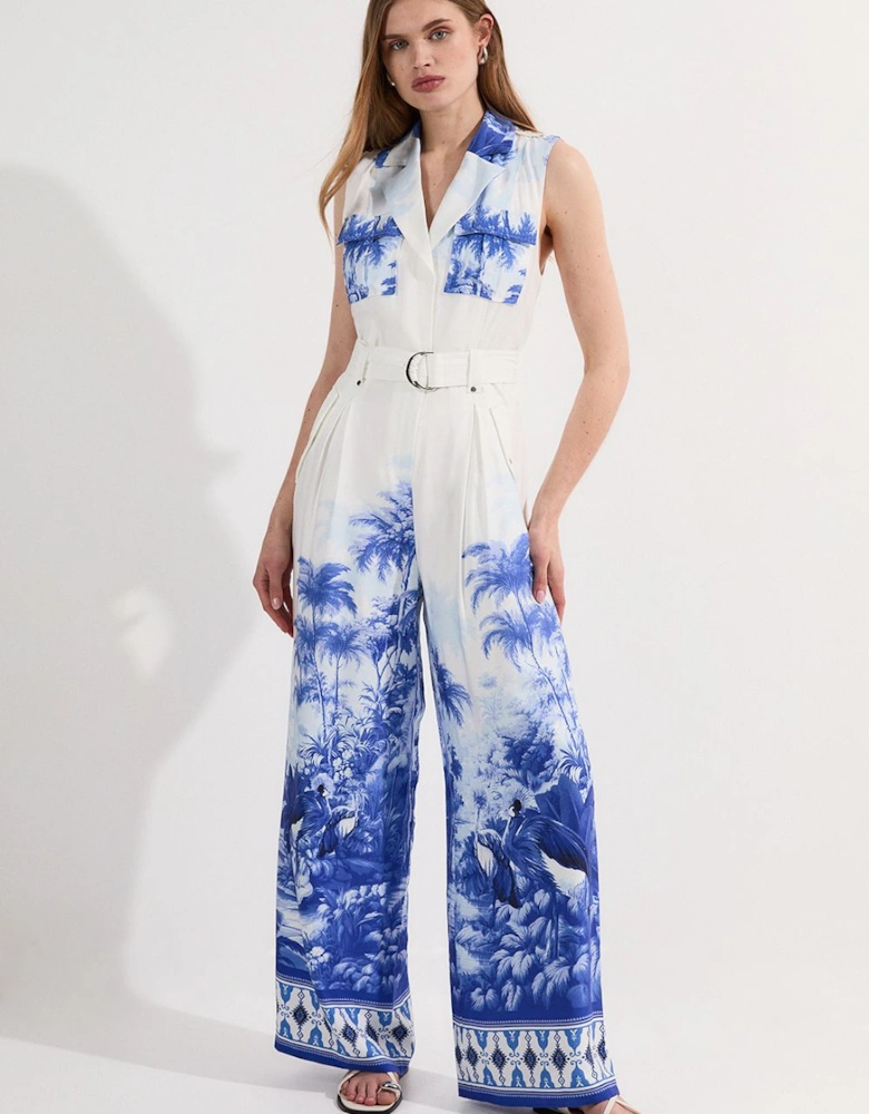 Viscose Linen Scenic Print With Top Stitch Belted Woven Jumpsuit