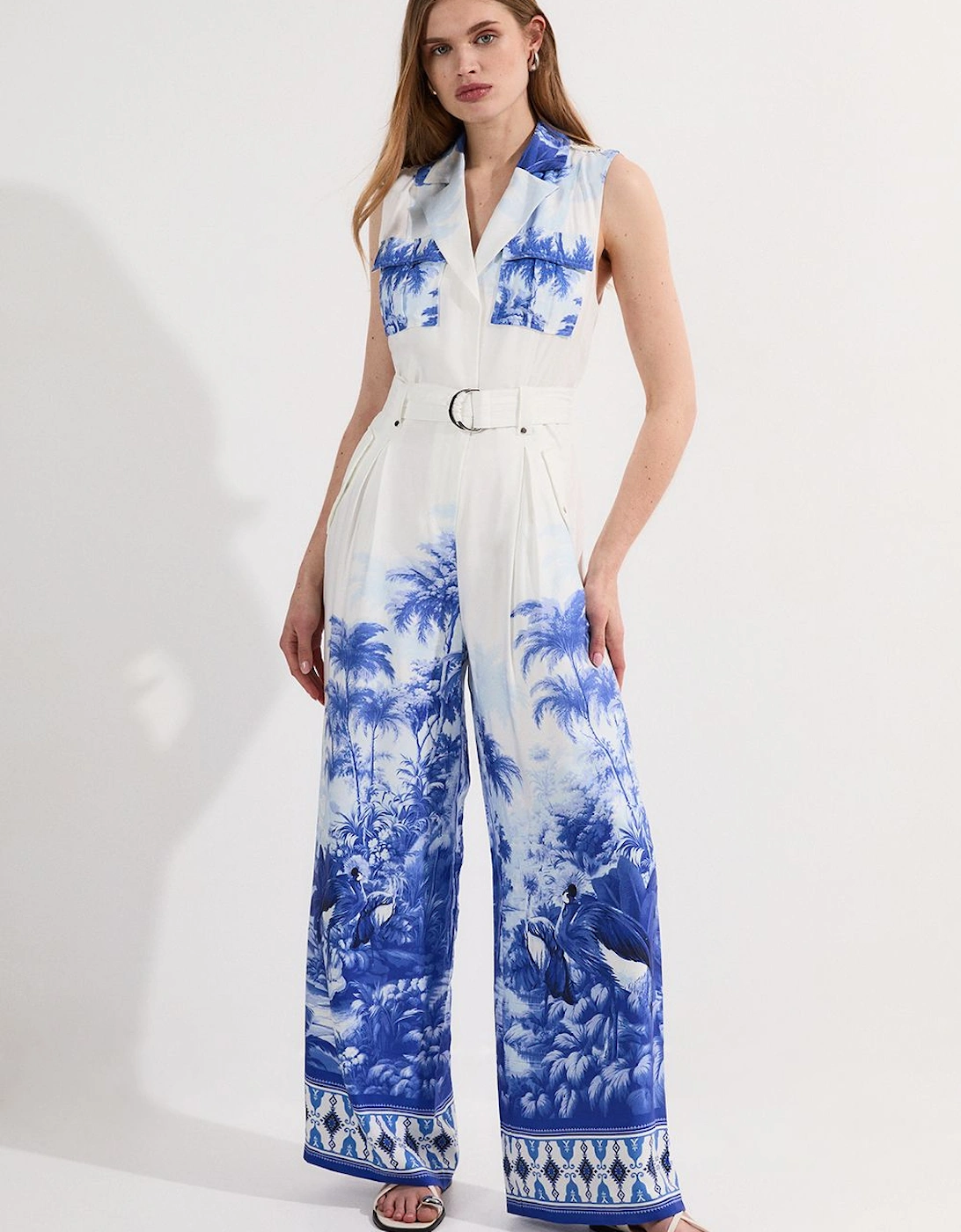 Viscose Linen Scenic Print With Top Stitch Belted Woven Jumpsuit, 2 of 1