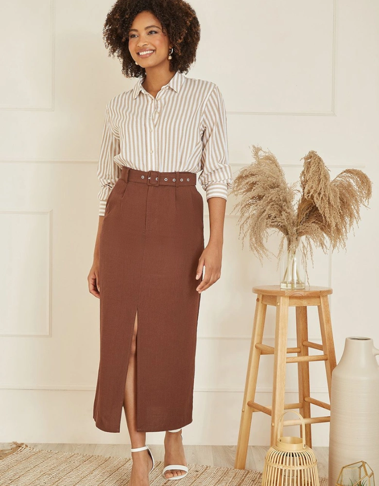 Brown Cotton Midi Skirt With Belt And Split Hem
