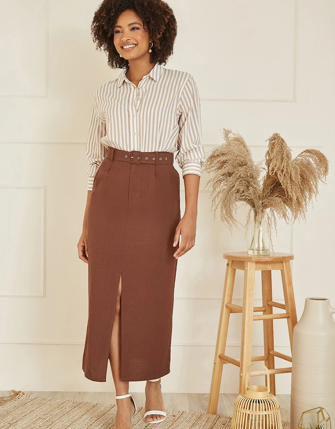 Brown Cotton Midi Skirt With Belt And Split Hem, 2 of 1