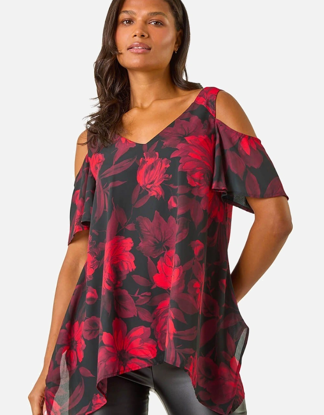 Floral Print Cold Shoulder Asymmetric Top, 2 of 1