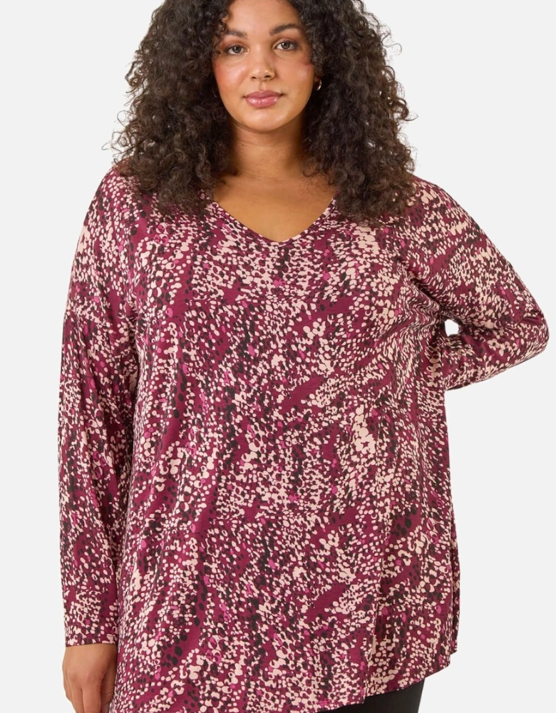 Curve Spot Print V-Neck Stretch Top