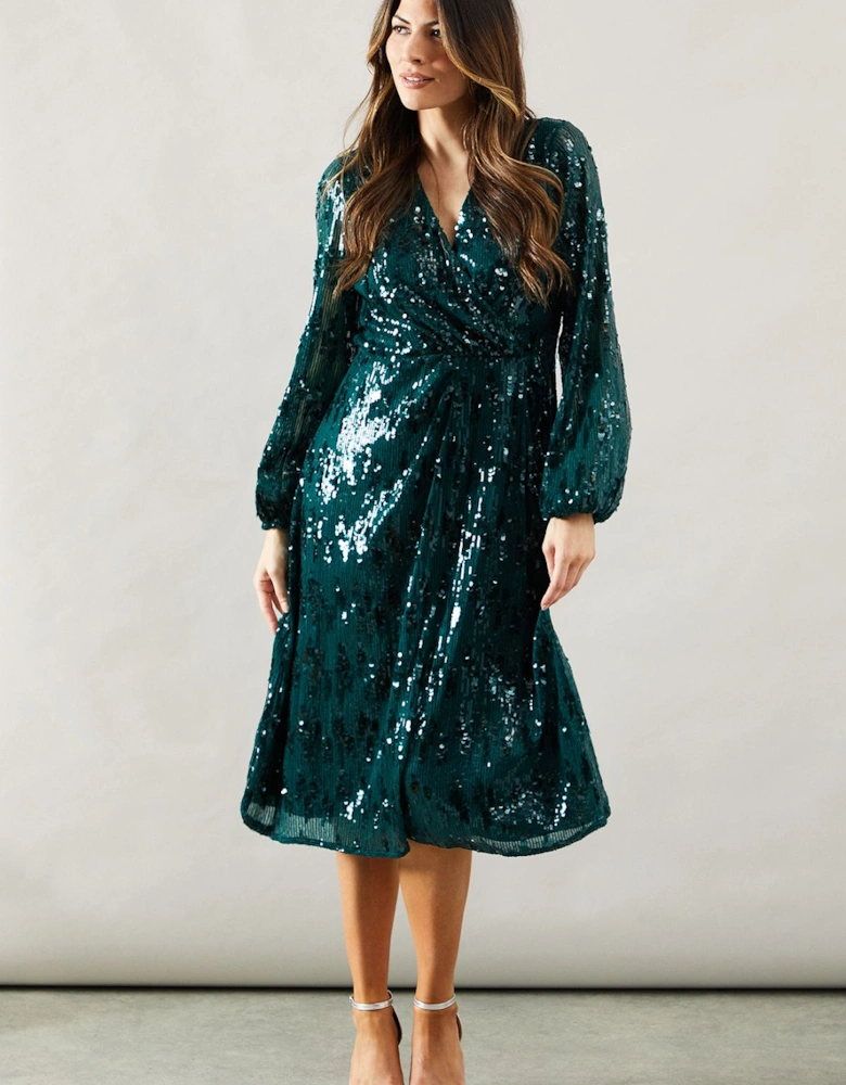 Occasion Sequin Wrap Detail Midi Dress