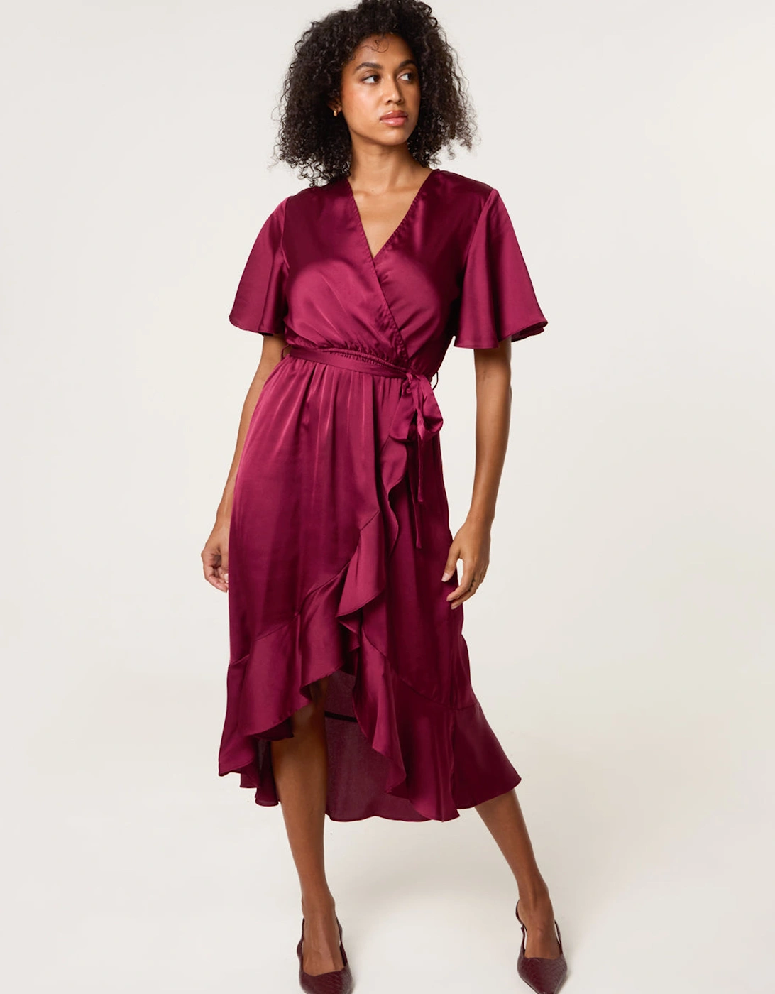 Red Satin Wrap Frill High To Low Midi Dress, 2 of 1